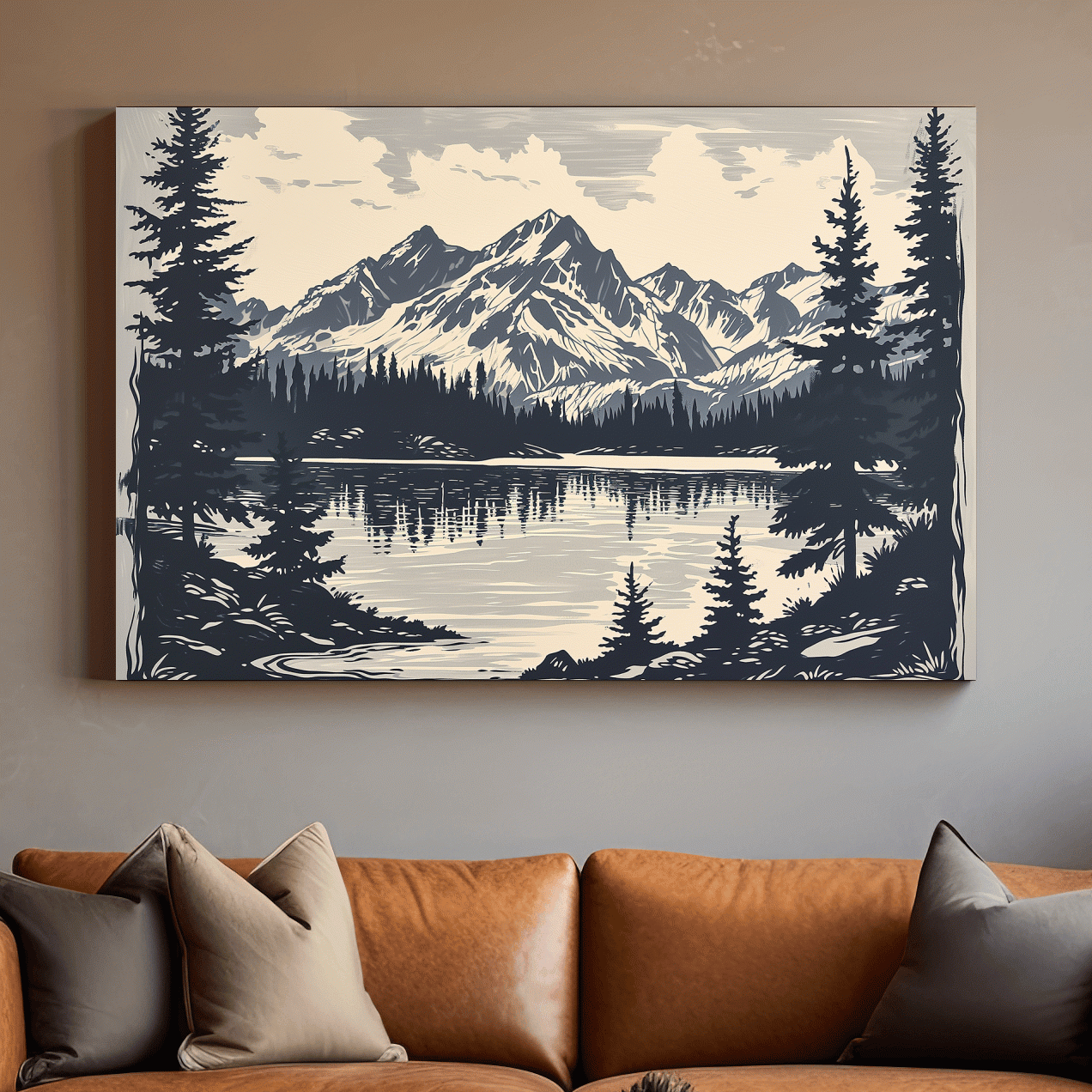 Alpine lake artwork, linocut style art