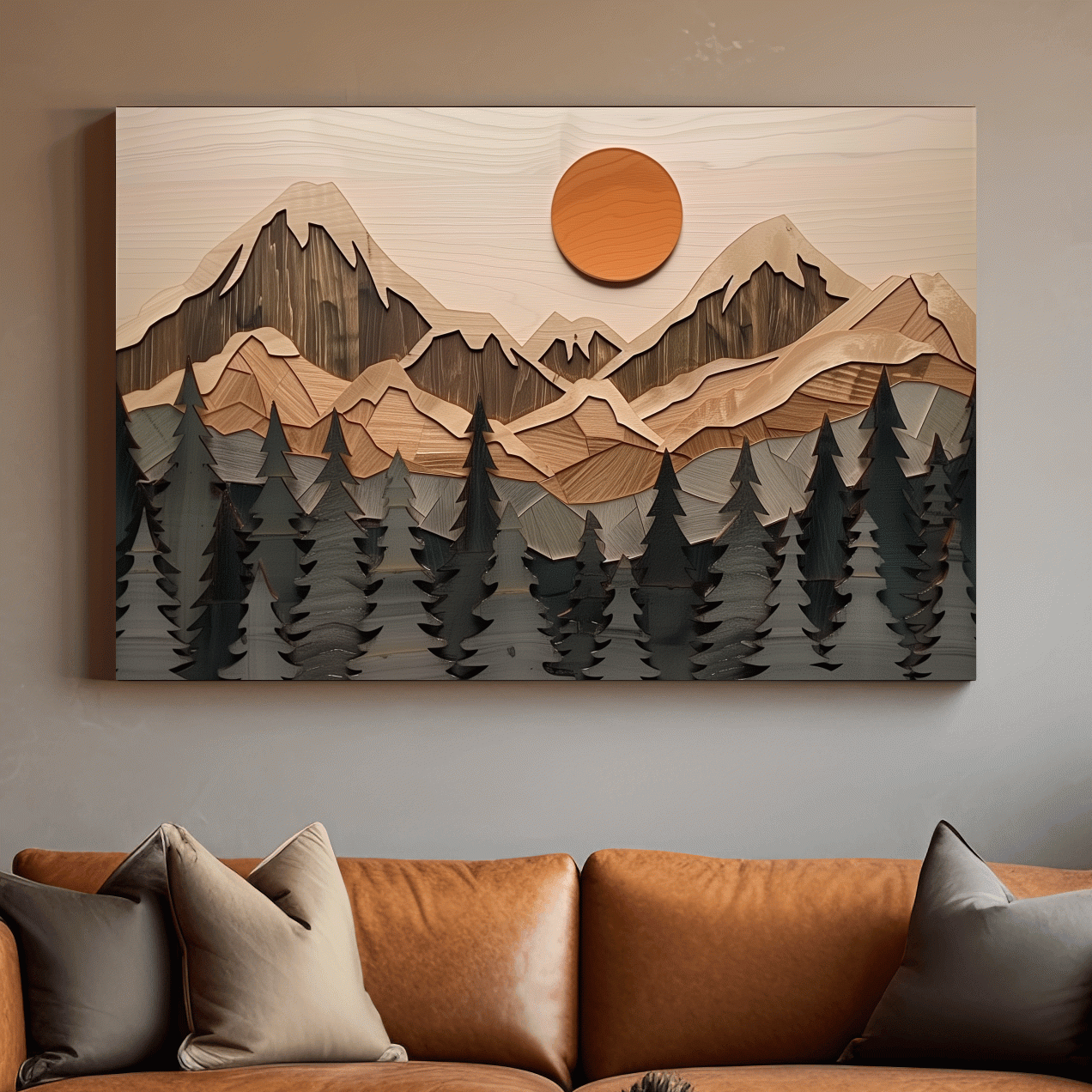 Mountain wood wall art, wood panel effect art