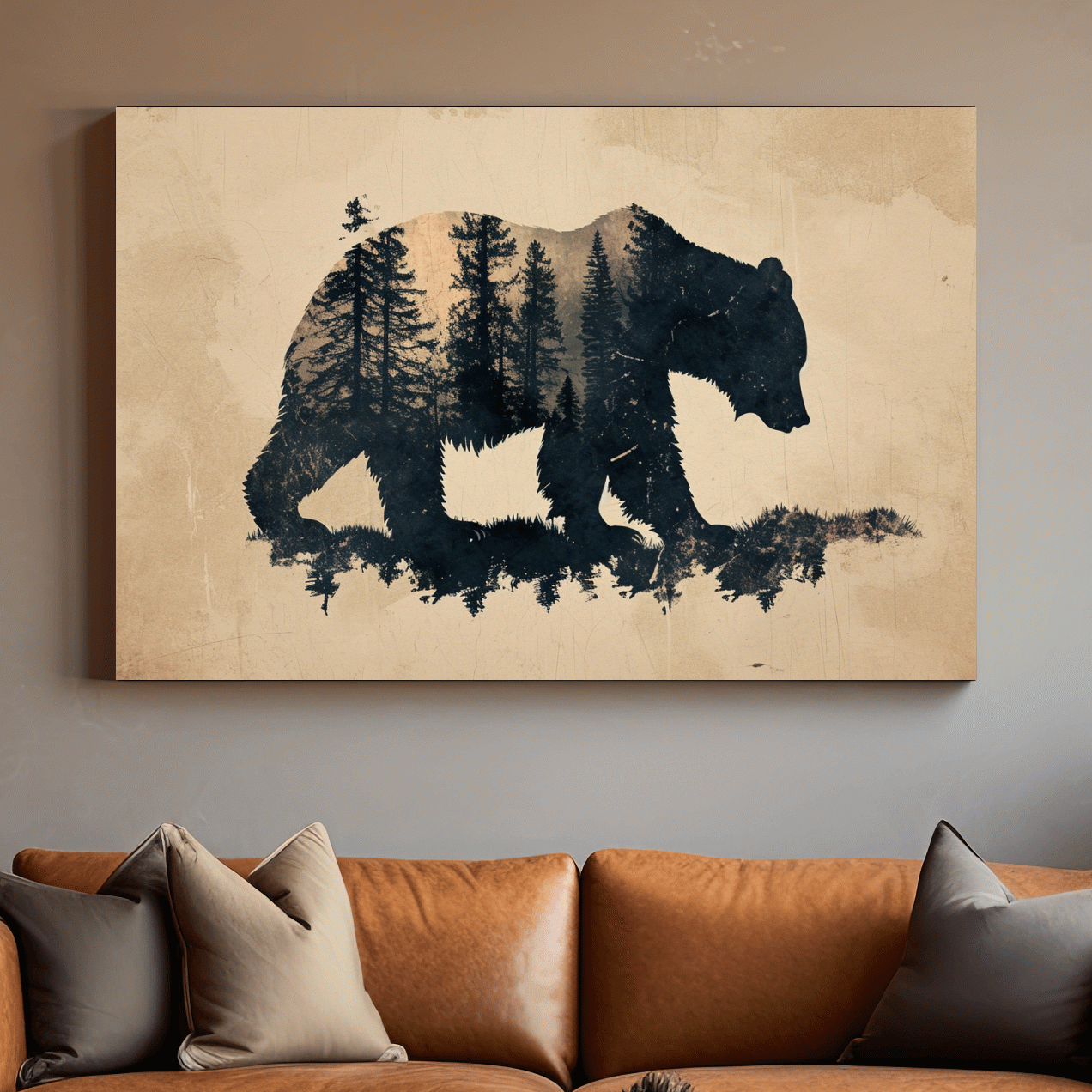 Vintage Grizzly Bear Forest Silhouette - Rustic Sepia Double Exposure Wildlife Wall Art