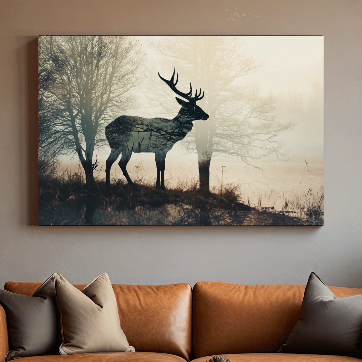 Double exposure photographic artwork of a deer silhouette in the forest