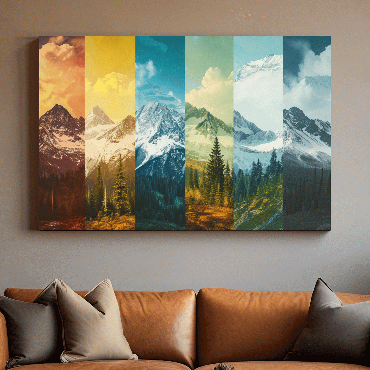 Changing of seasons, alpine forest and glacier art, split panel artwork