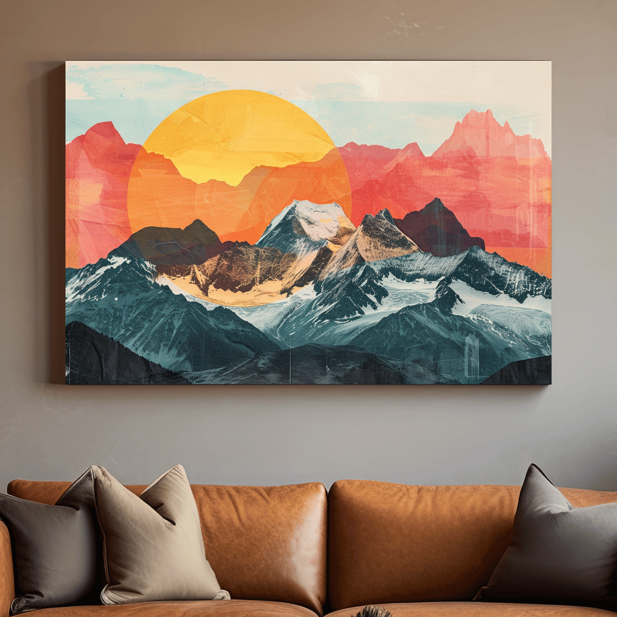 Print collage style abstract mountain artwork