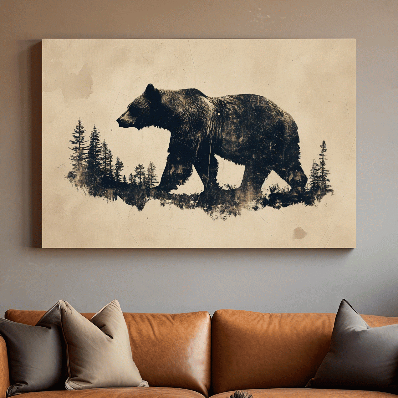 Grizzly bear artwork print, vintage style silhouette