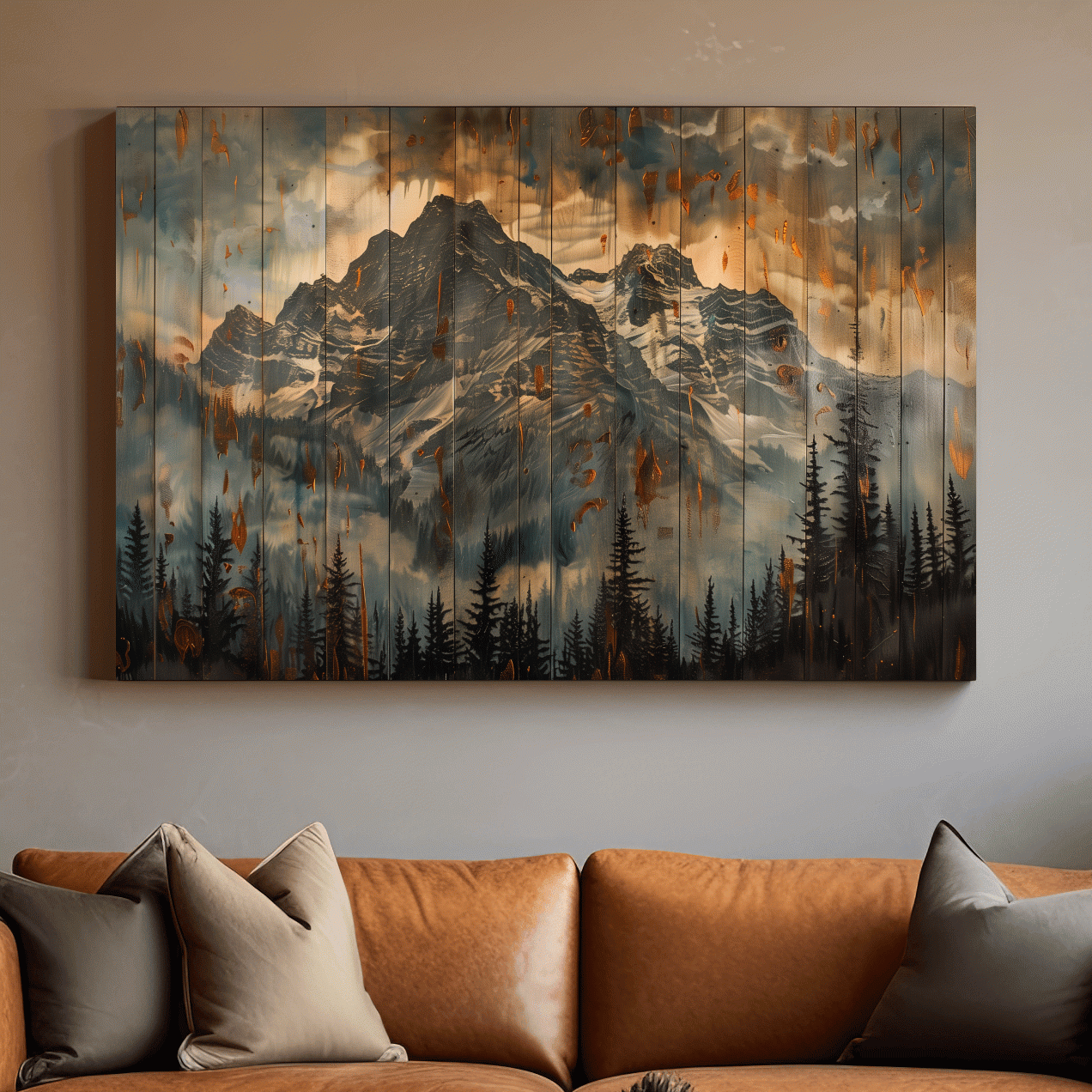 Rustic Mountain Range Painting - Alpine Forest Wood Panel Wall Art