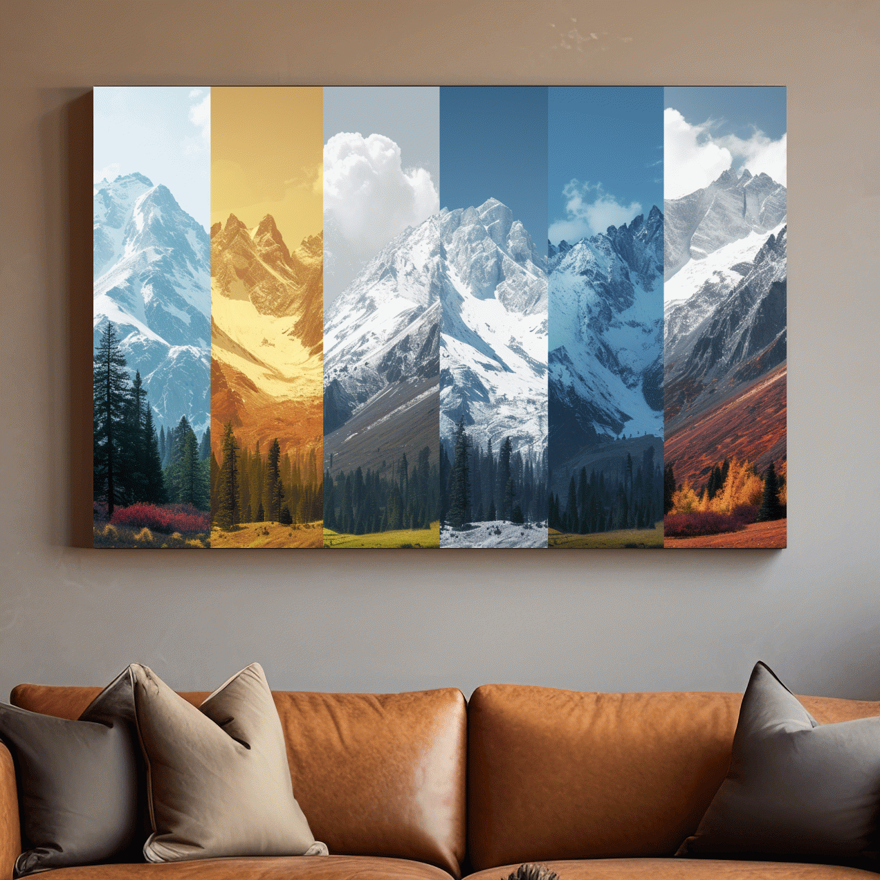 Alpine mountain artwork, forest and glacier, split panel changing of seasons inspired