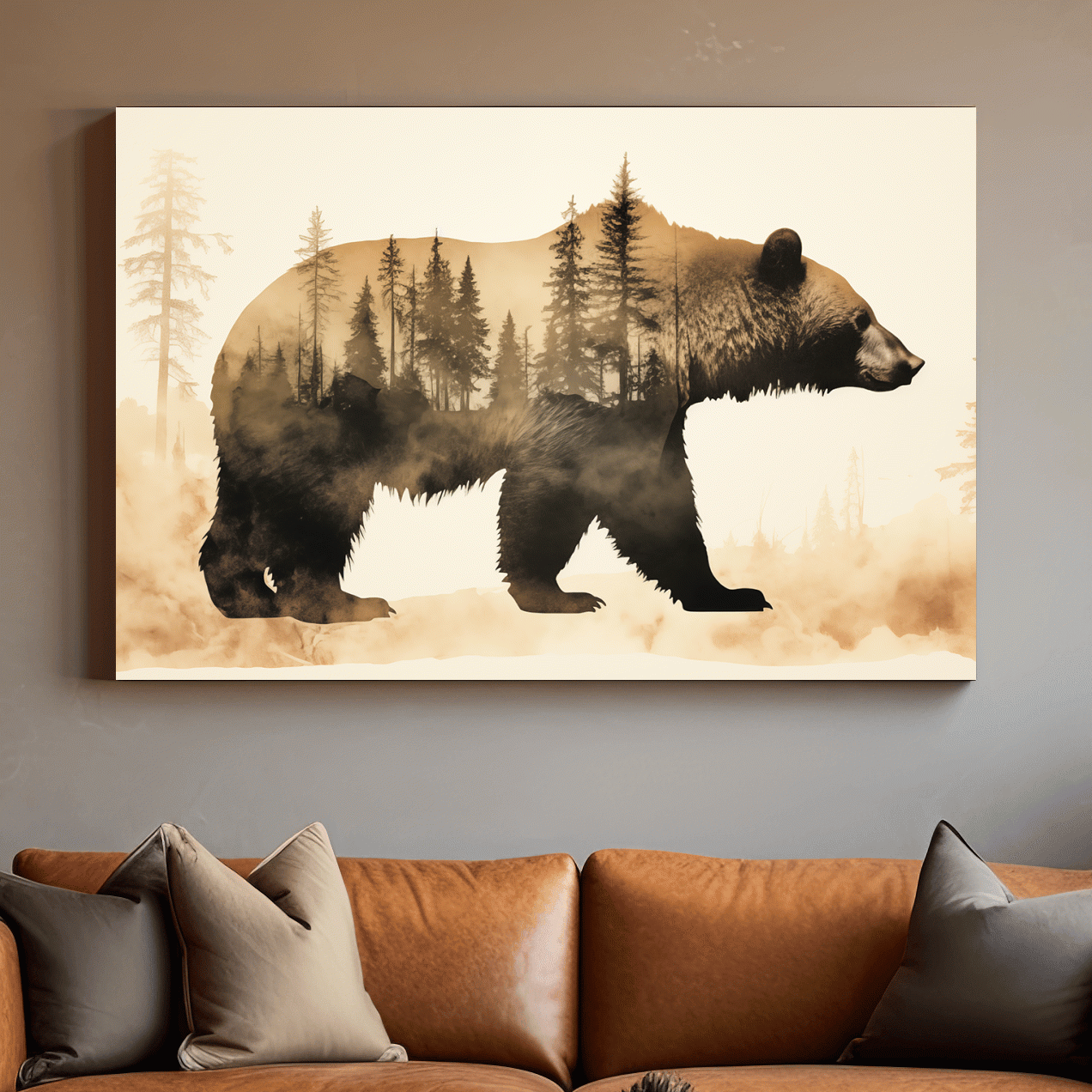 Double exposure vintage style artwork, a grizzly bear and a forest