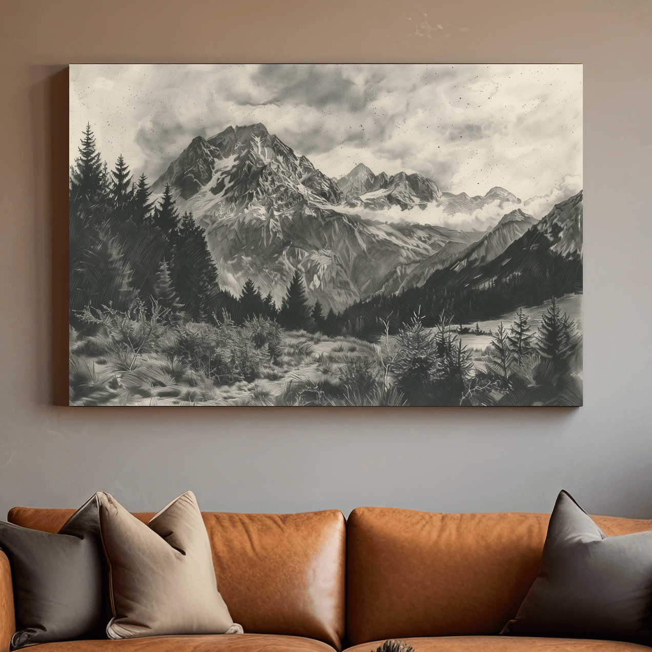 Lead pencil drawing, alpine meadows glacier artwork