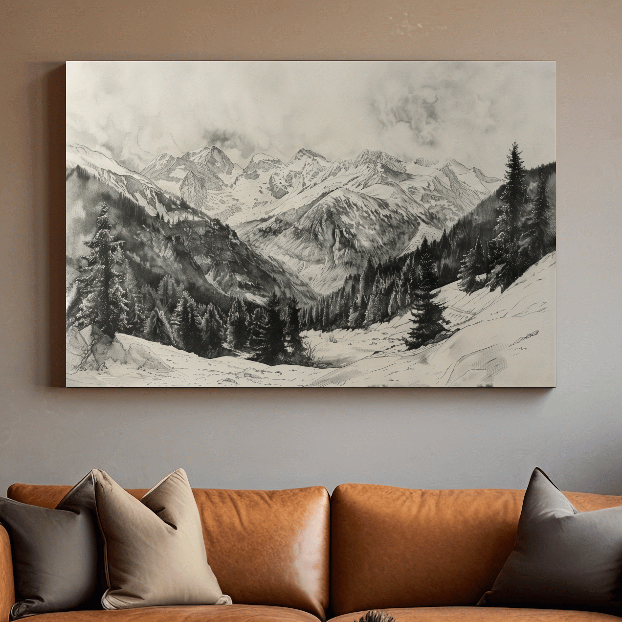 Lead pencil drawing, alpine forest and glacier mountain artwork