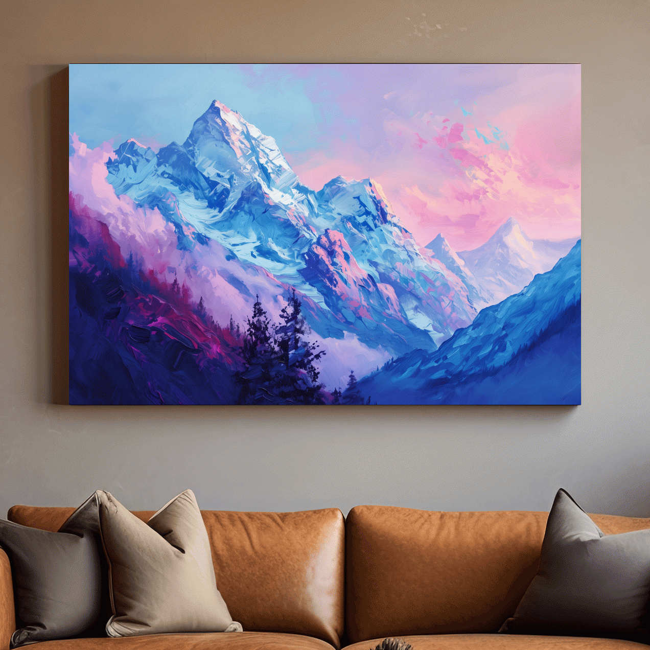Impressionism style painting of a pink alpine sunset over a glacier