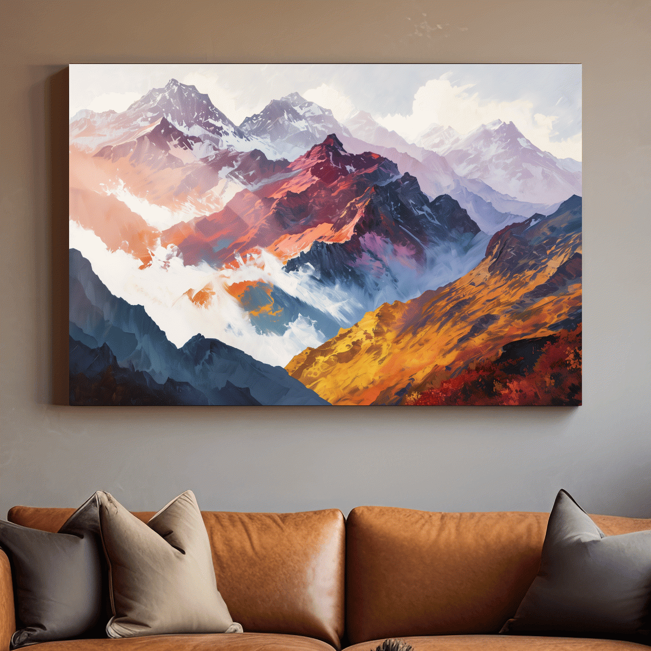 Impressionism style painting, abstract mountain ranges in fall
