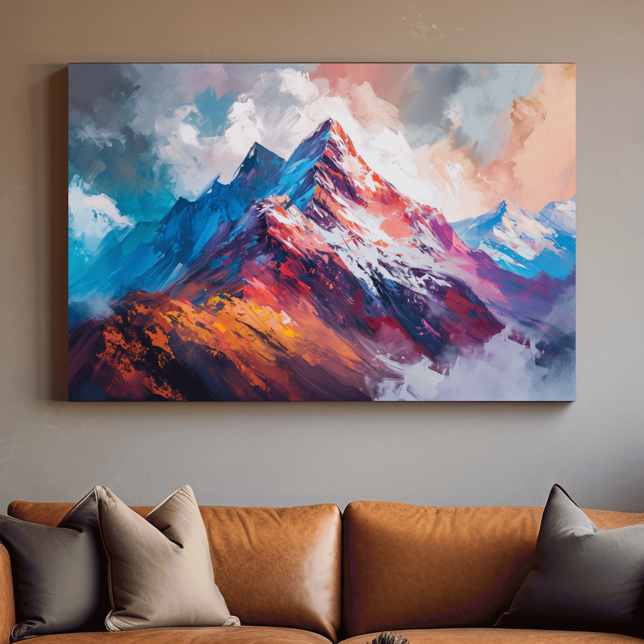 Vibrant impressionism style textured mountain painting artwork