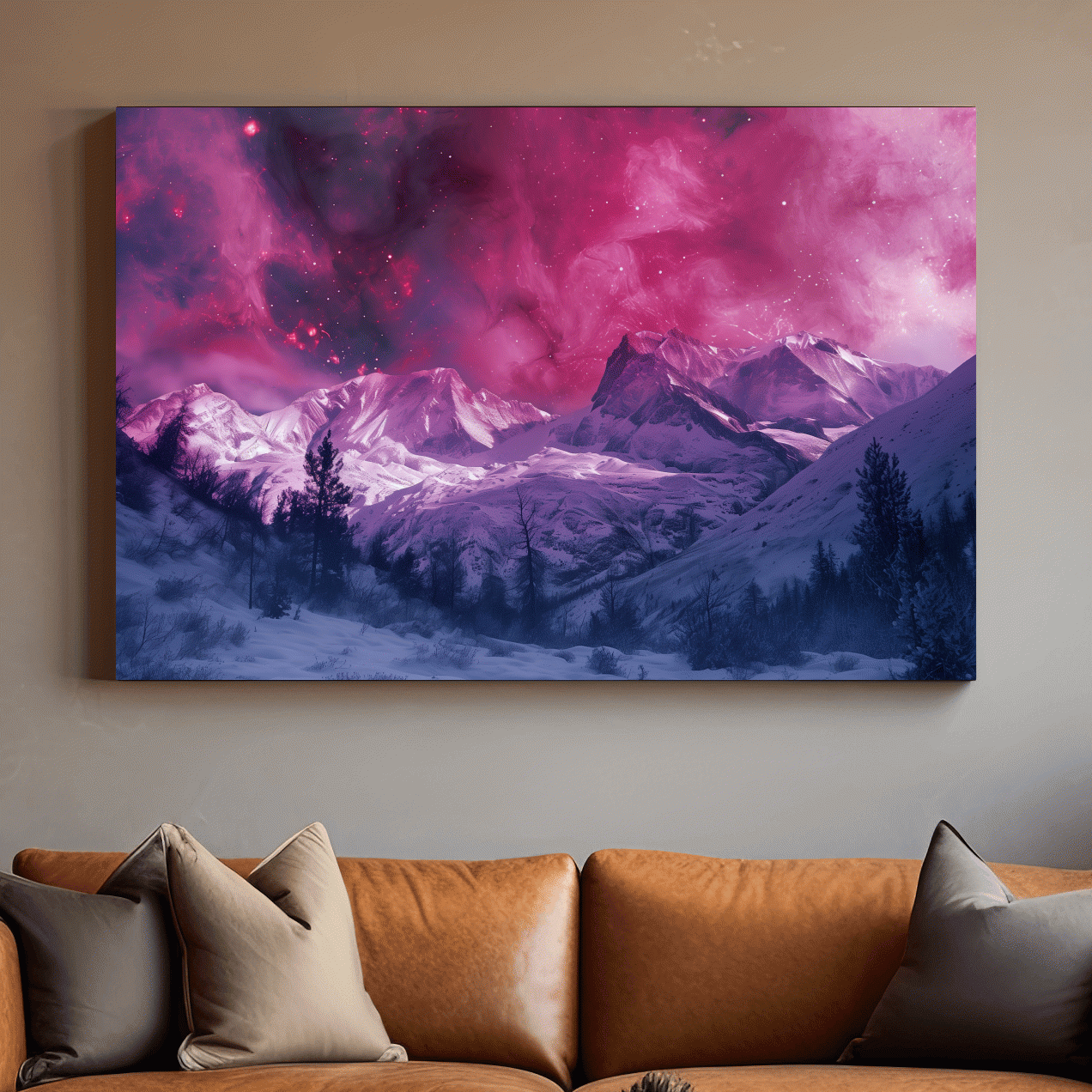 Beautiful pink and purple nebula galaxy sky over snowy glacier mountains, surreal fantasy art style