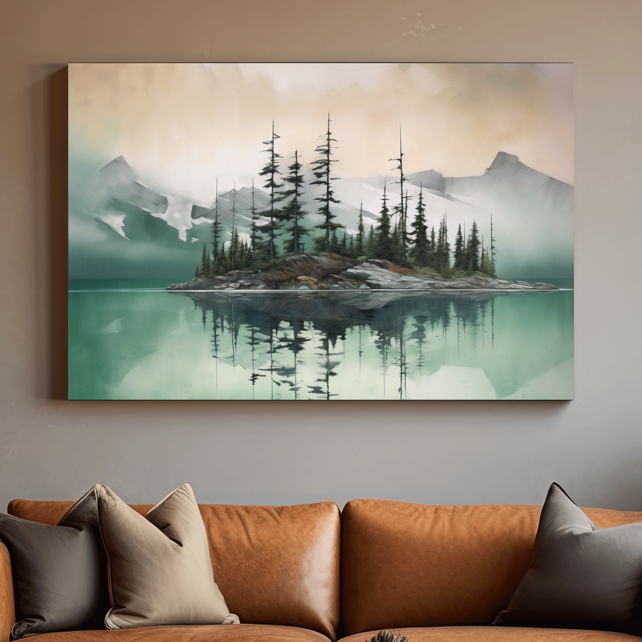 Misty Turquoise Alpine Lake Reflection - Serene Watercolor Mountain Landscape Wall Art