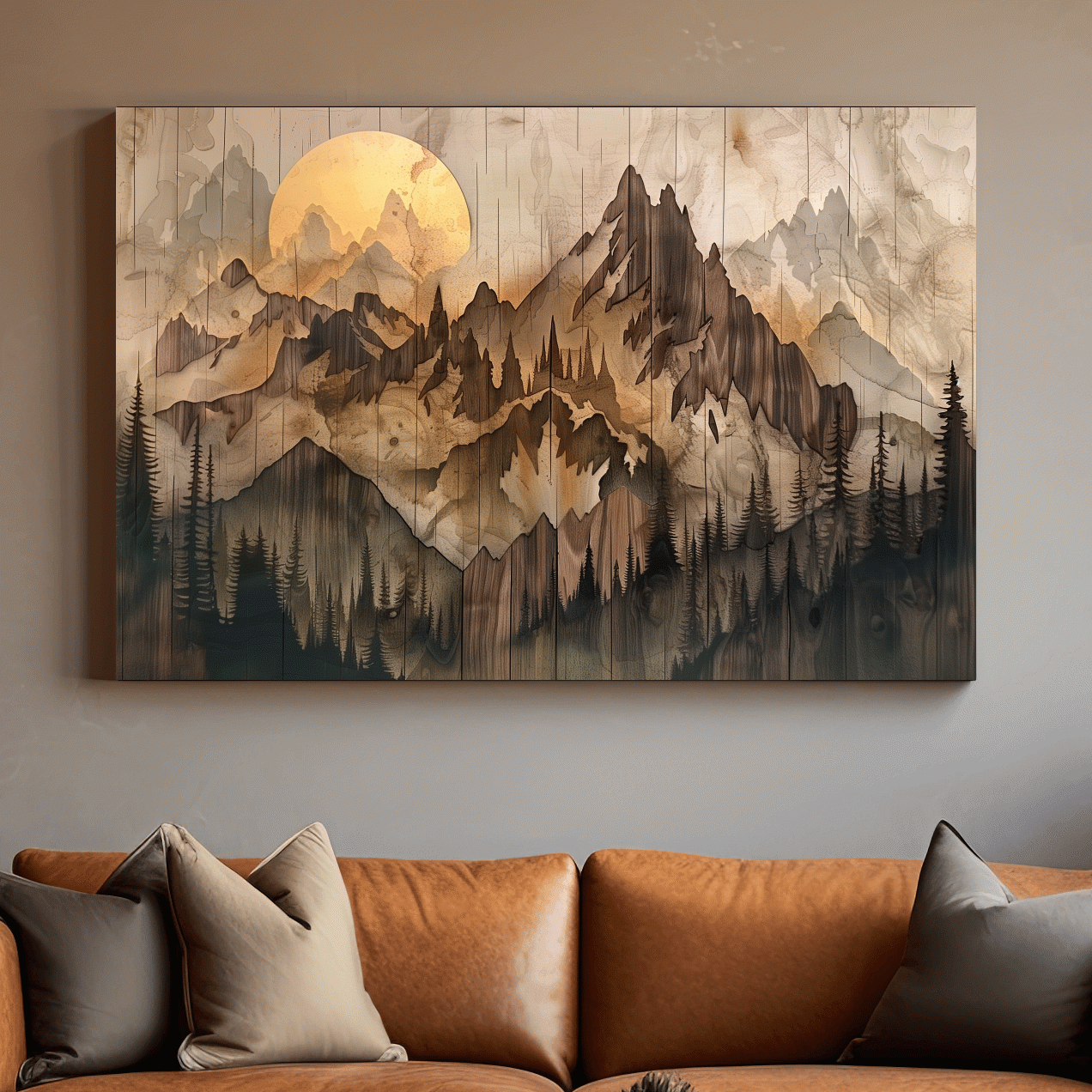 Rustic Sepia Mountain Sunrise Landscape - Vintage Wood Grain Watercolor Artwork
