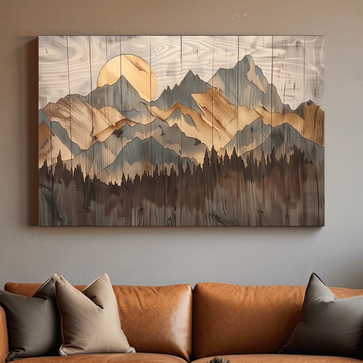 Rustic mountain artwork, painting on wood panel effect