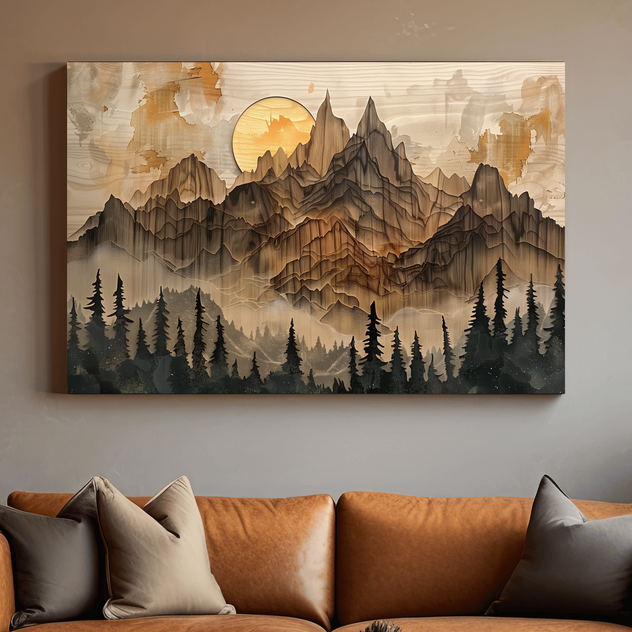 Mountain and forest artwork, rustic peeled paint on wood effect
