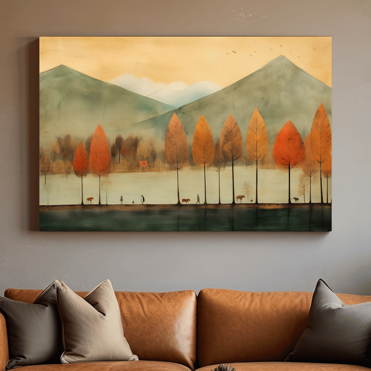 Textured painting of characters on a treelined lake in fall