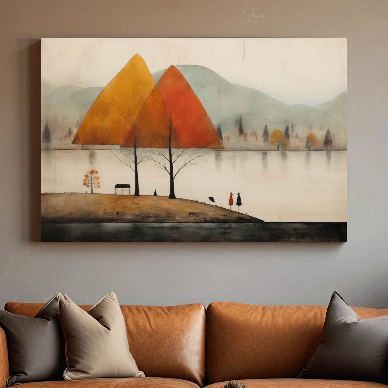 Quirky painting of a lakeside mountain scene in fall