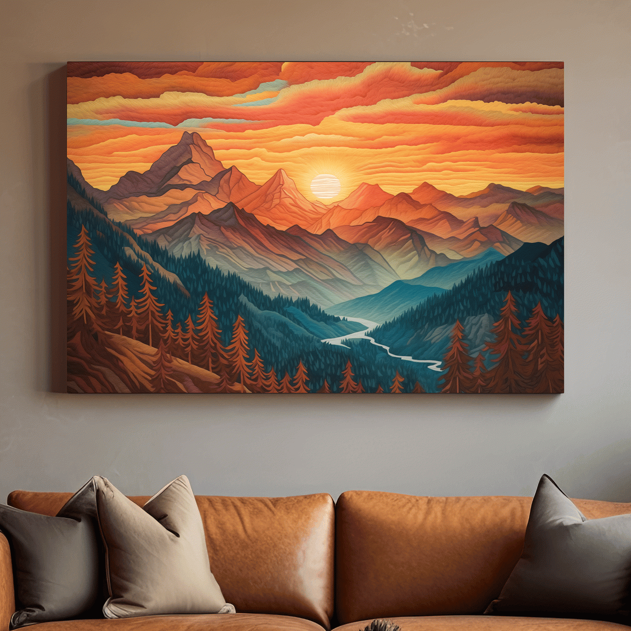 Textured effect artwork of a mountain landscape at sunset