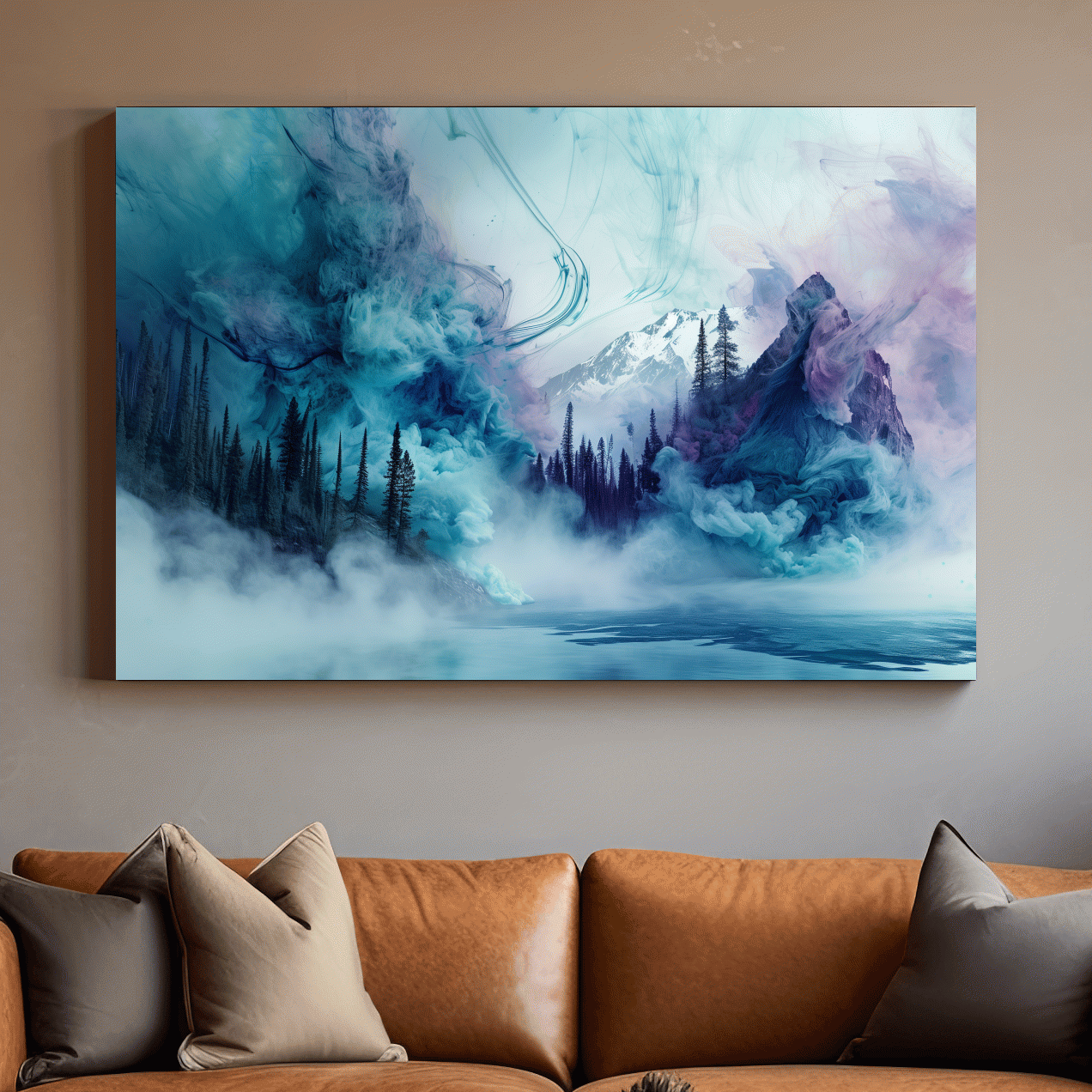 Abstract mountain painting, fog swirling through an alpine lake