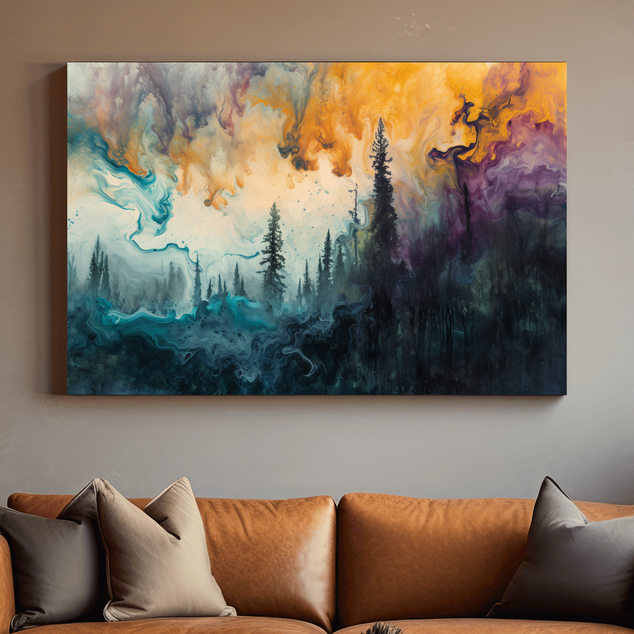Abstract foggy forest painting, swirling colors and smoke