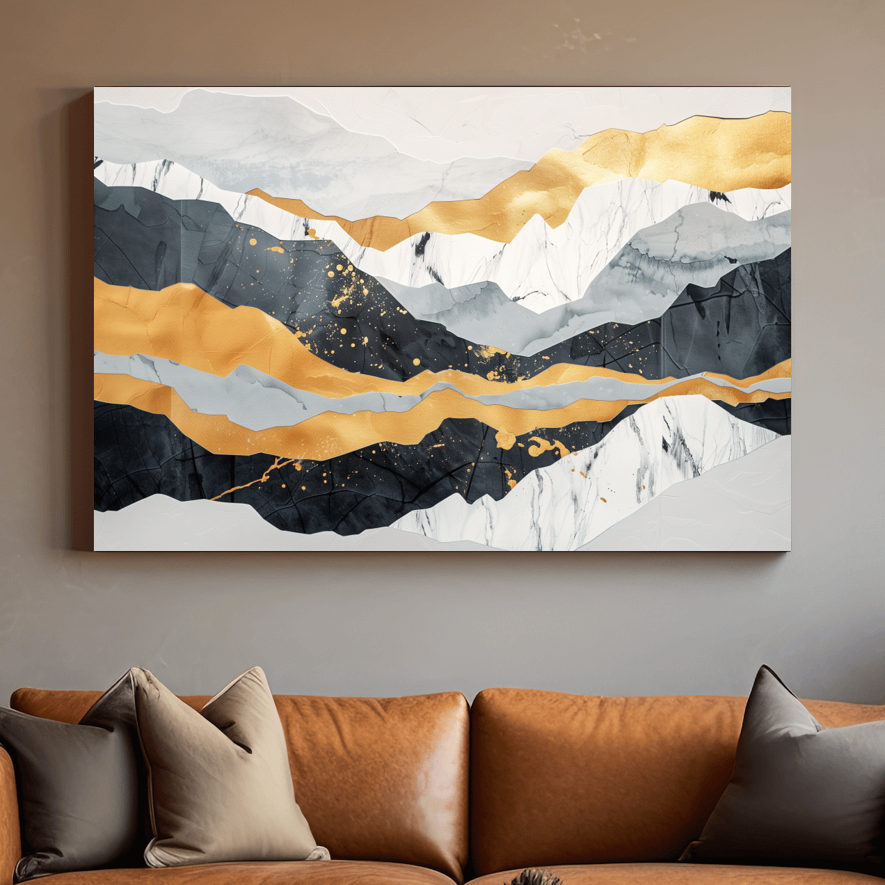 Abstract layered mixed media artwork, elegant mountain ridgelines, large format wall art