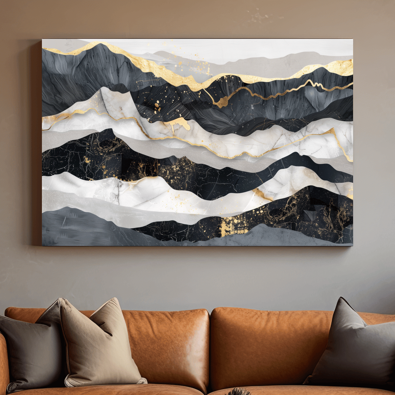 Abstract elegant artwork, layered mountain ridgelines, gold leaf style modern wall art