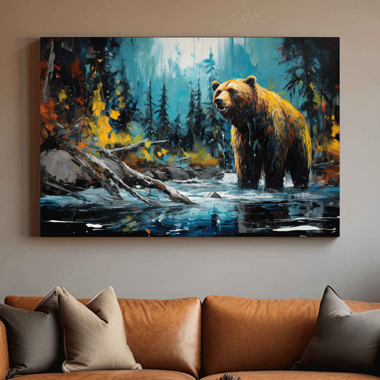 Grizzly Bear Forest River Painting - Vibrant Wildlife Nature Wall Art