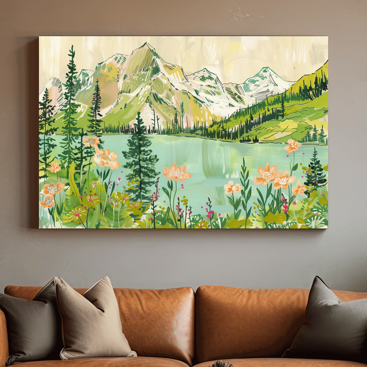 Whimsical Alpine Lake Wildflower Stylized Painting - Mountain Meadows Wall Art