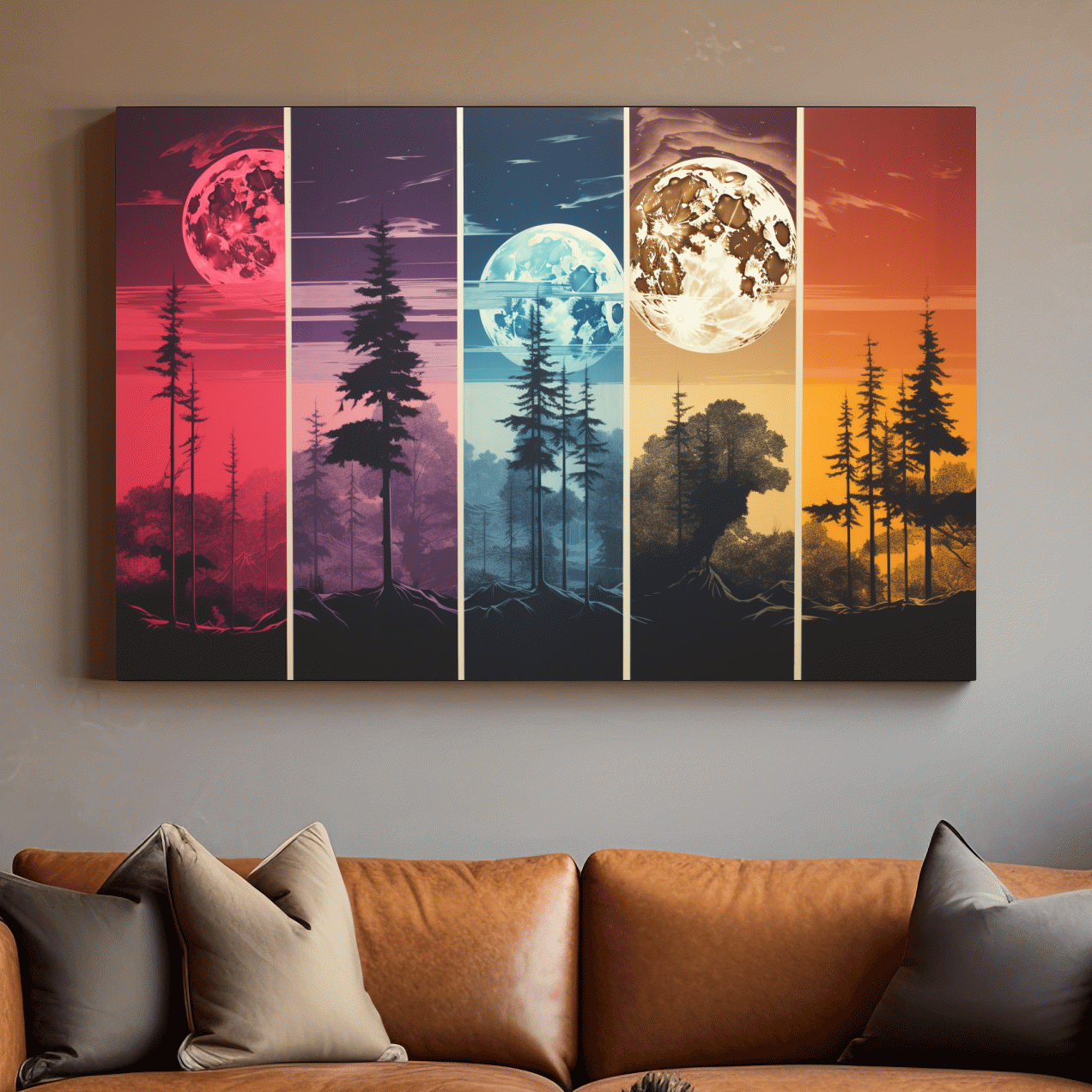 Multipanel colorful treeline under the moonlit sky, risograph style artwork