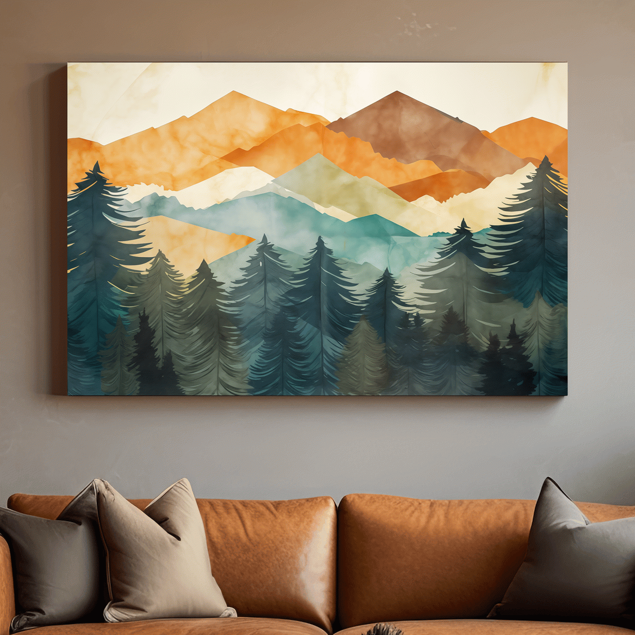 Abstract watercolor painting, mountains and forest