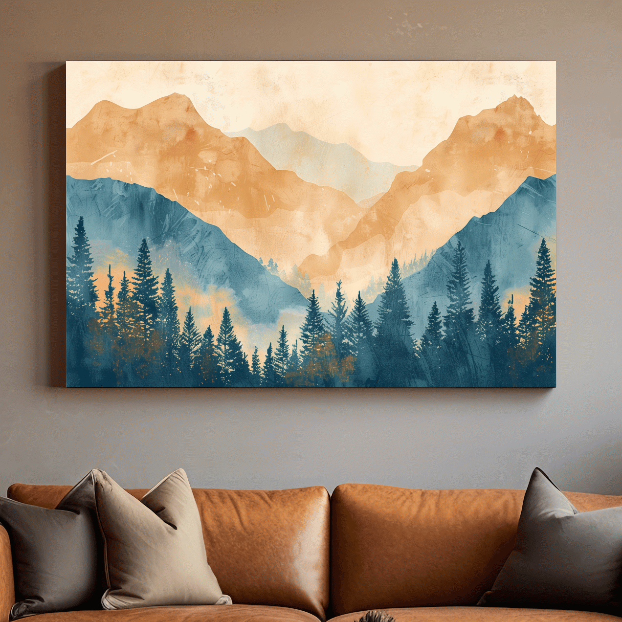 Watercolour painting, foggy treeline in the mountains, textured art style