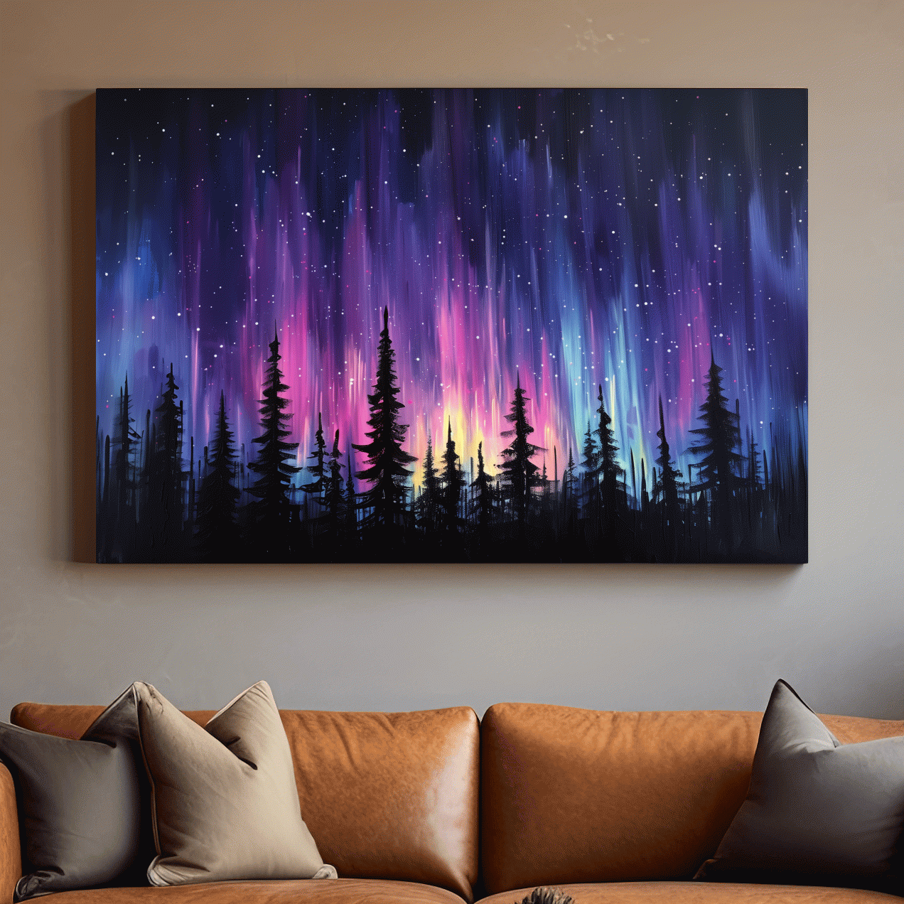 Painting of silhouetted trees against purple and pink northern lights sky