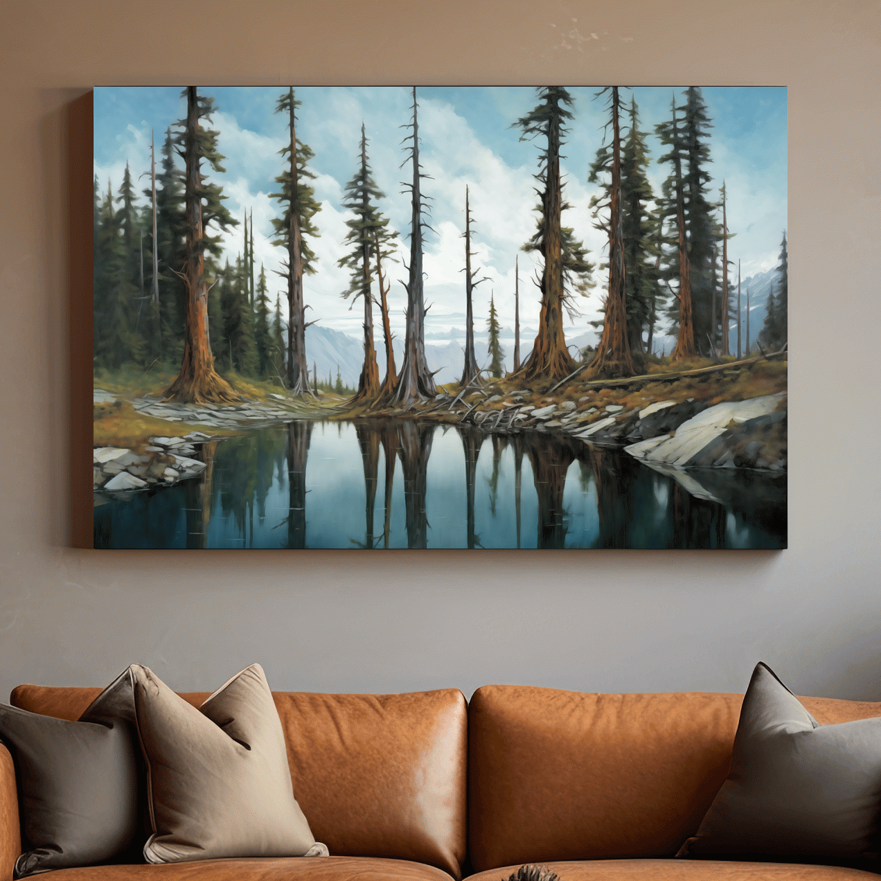 Painting of a line of trees beside a lake and mountains, forest artwork