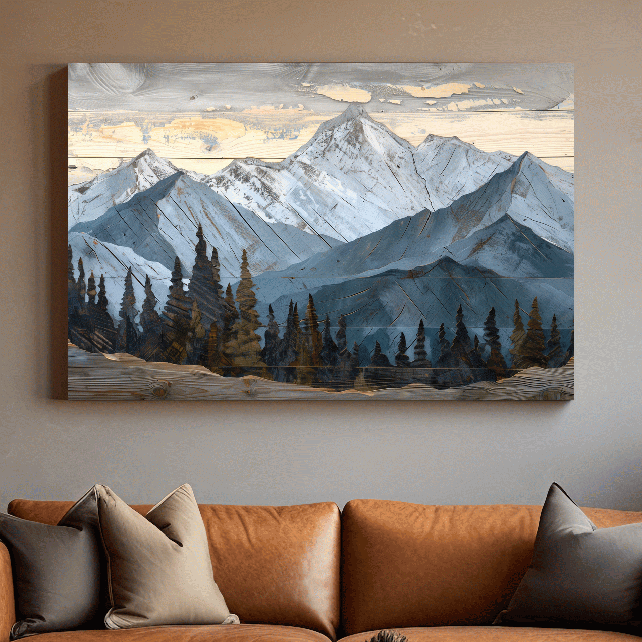 Alpine Forest Mountain Range Artwork - Rustic Woodgrain Landscape Wall Art