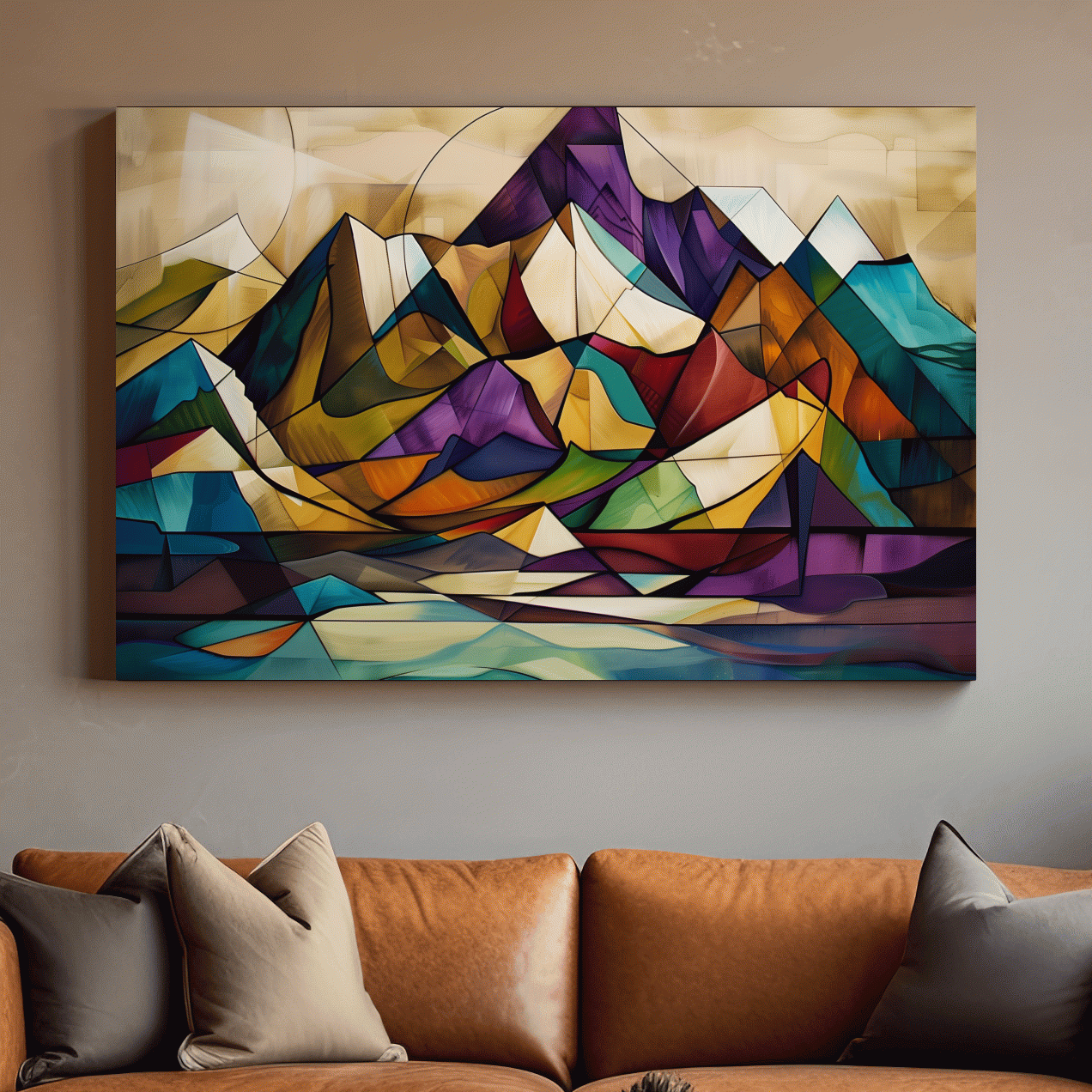 Vibrant Leadlight Style Mountain Range Painting - Abstract Colorful Stained Glass Wall Art