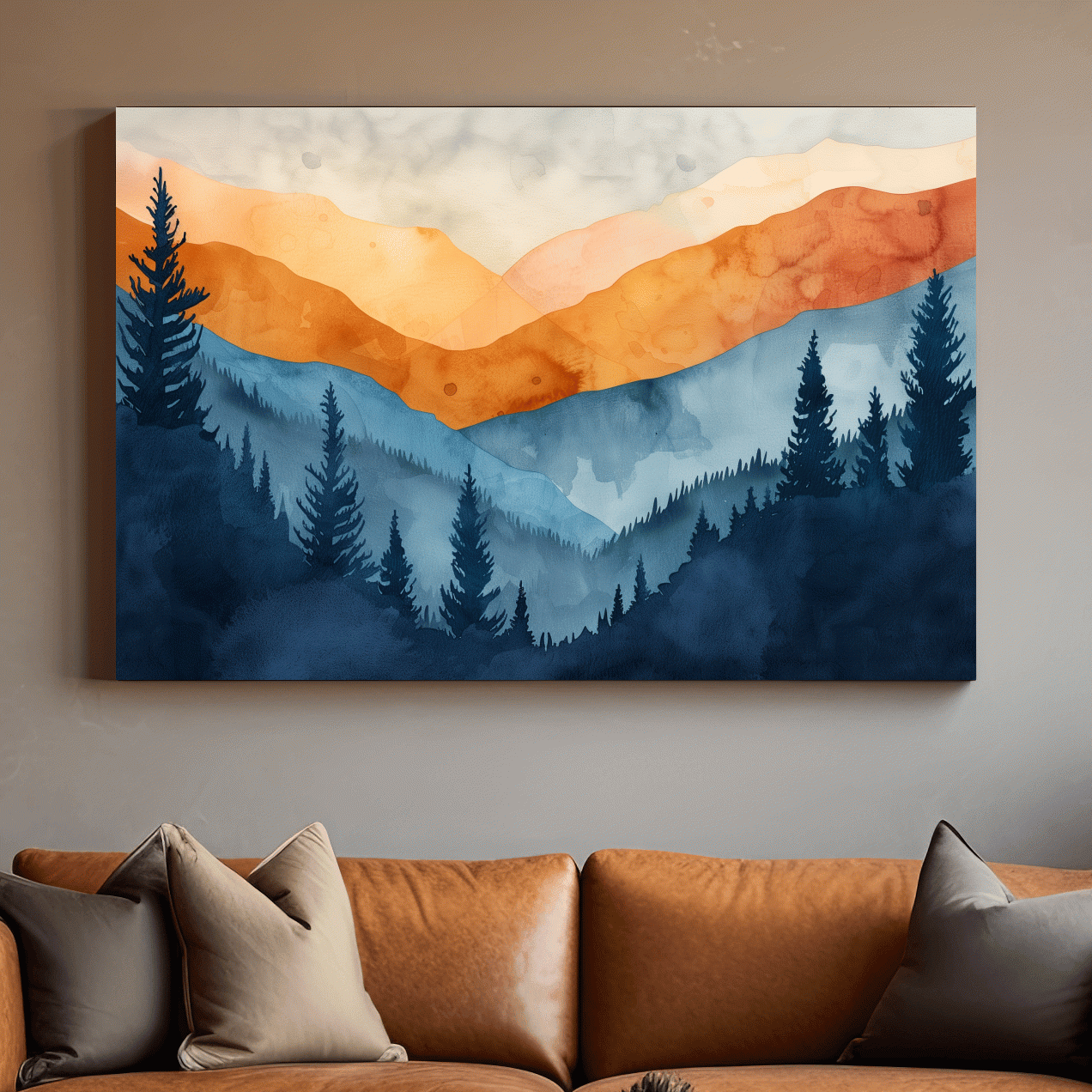 Mountain landscape and forest watercolour painting wall art