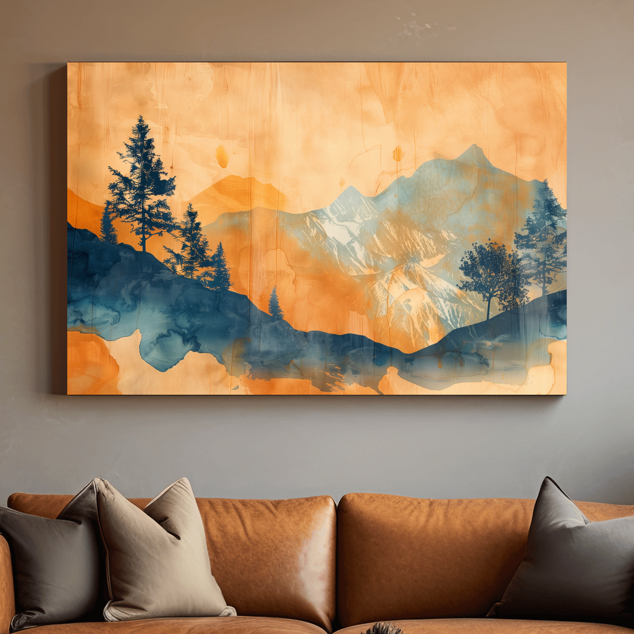 Abstract watercolor painting wall art, trees, mountains and glacier