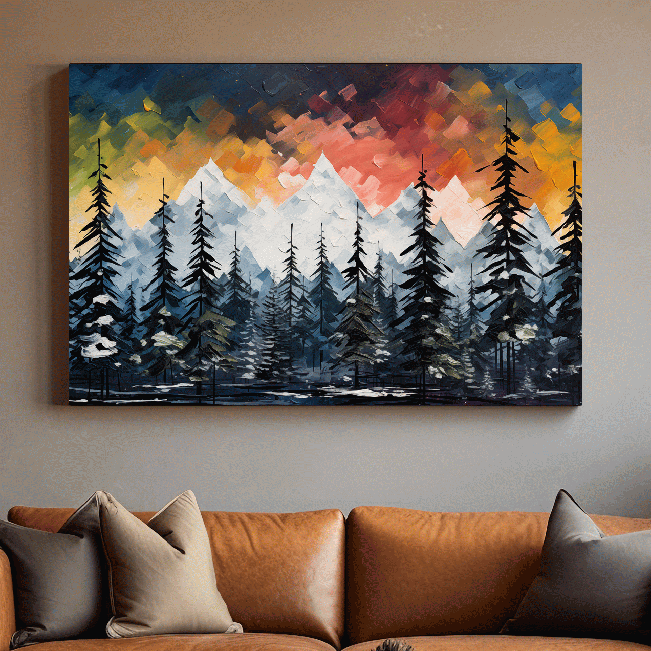 Bold textured palette knife effect impasto sunset mountain painting, treeline in the alpine