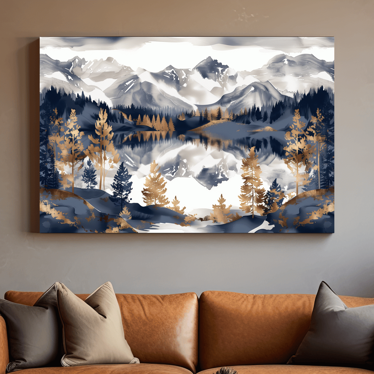 Gold Leaf Style Watercolor Alpine Lake Reflection - Mountain Landscape Artwork