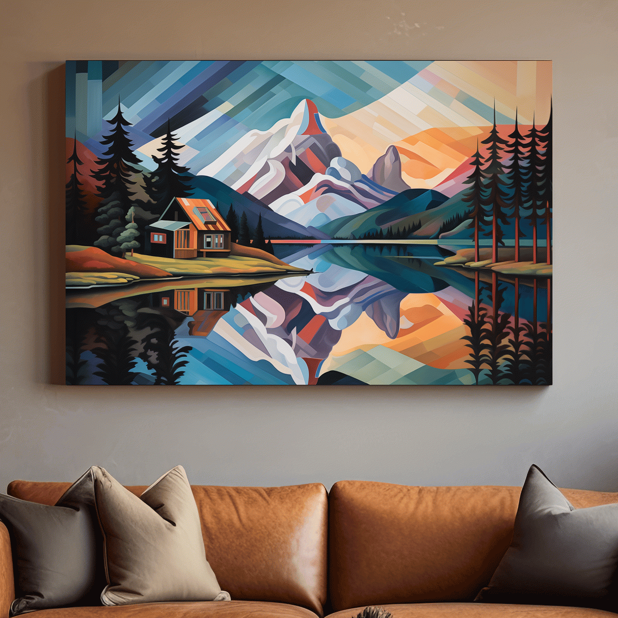Abstract oil painting of a cabin by a lake at sunset