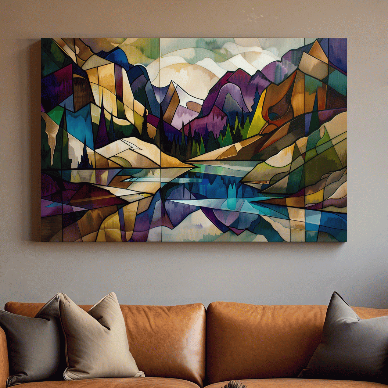 Abstract Stained Glass Mountain Lake Landscape - Colorful Geometric Alpine Wall Art