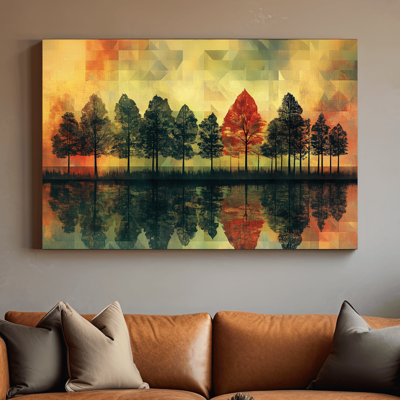 Autumn forest treeline reflections on a lake, mosaic style painting artwork