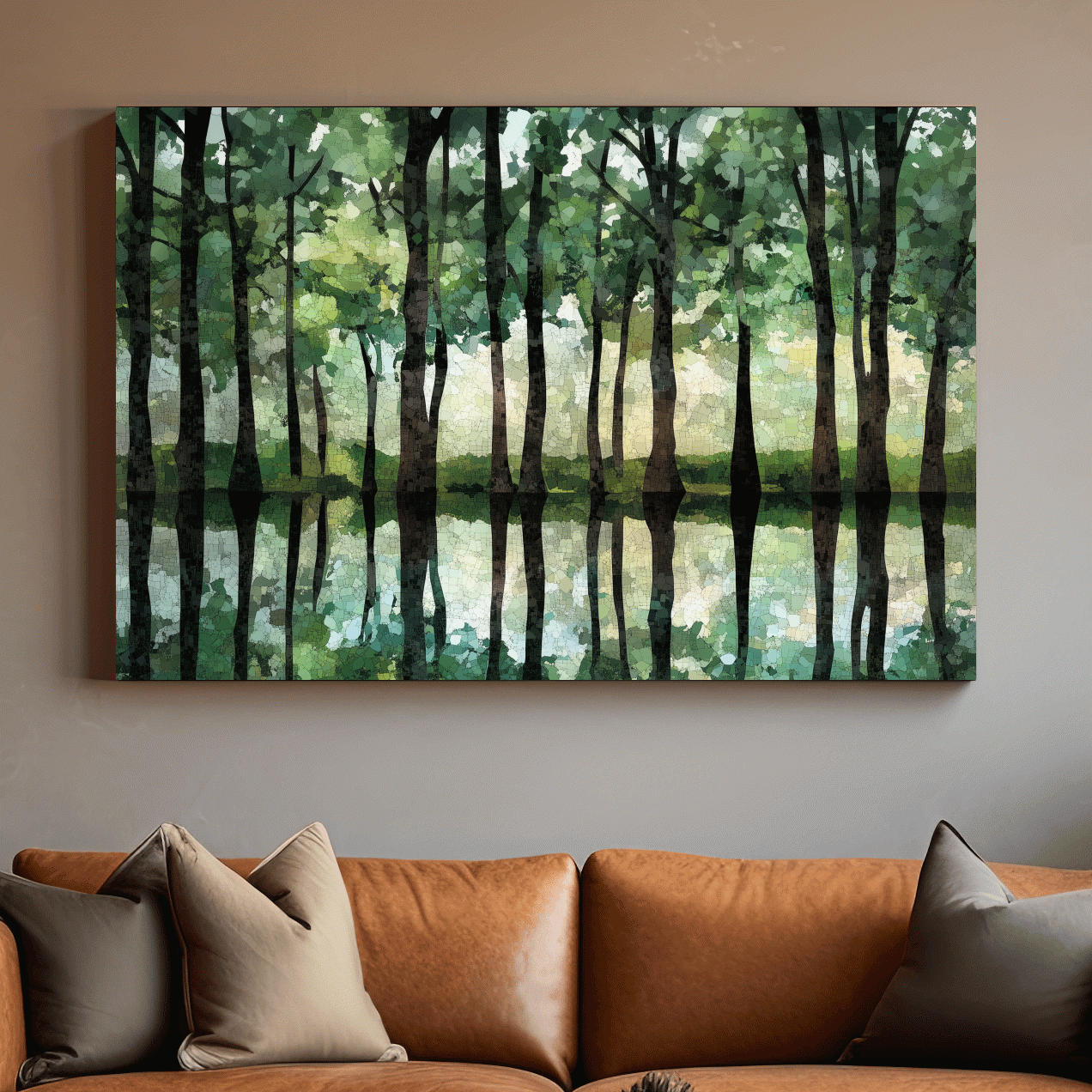 Mosaic Watercolor Forest Lake Reflection - Serene Nature Landscape Wall Art