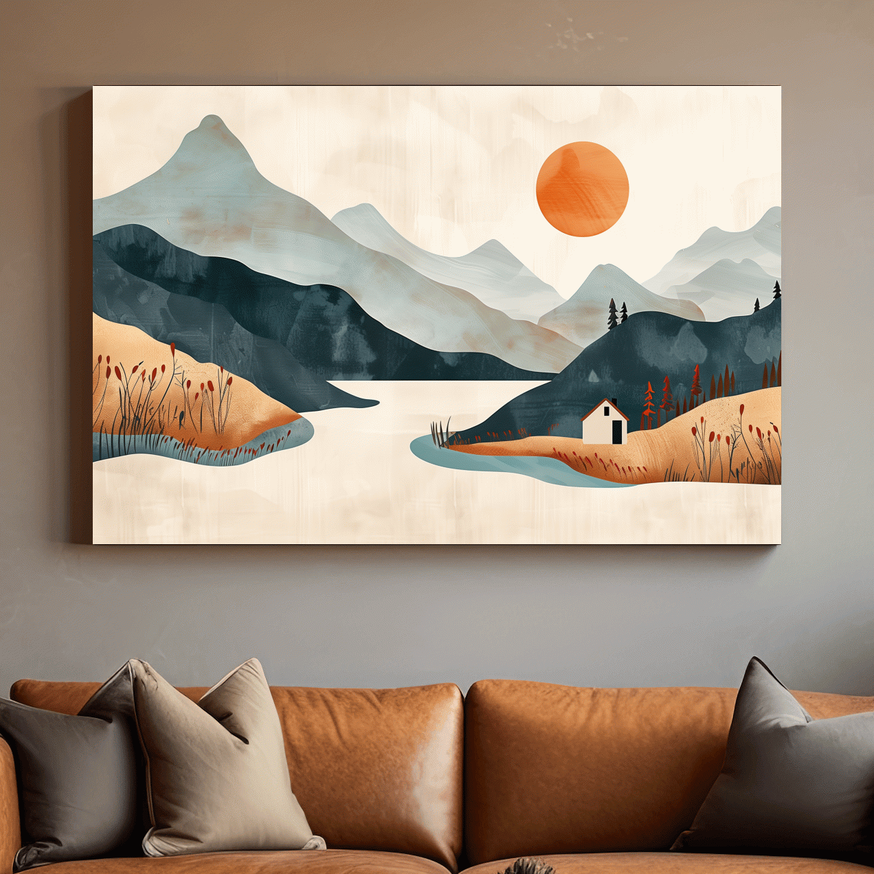 Minimalist Mountain Sunset Lake Cabin Illustration - Modern Scandinavian Wall Art