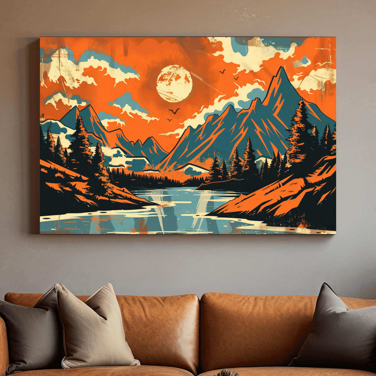 Vibrant Retro Mountain Lake Sunset Illustration - Bold Vector Landscape Wall Art