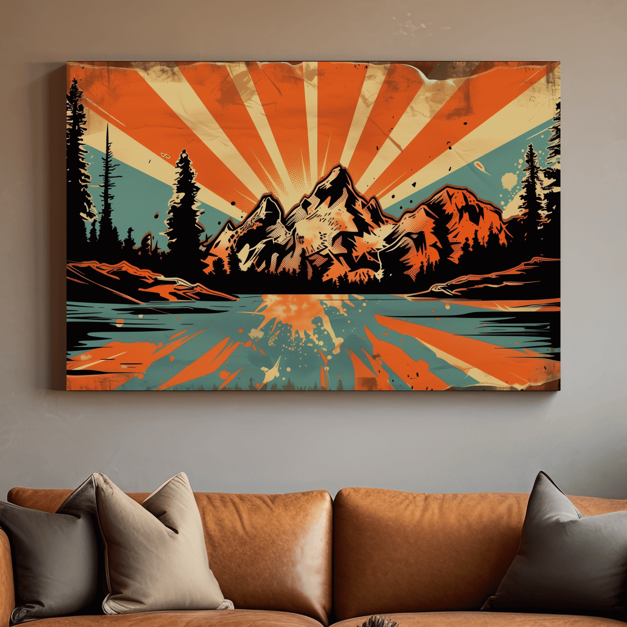 Retro comic book style halftone mountain wall art, sunrise rays from behind a glacier and alpine lake,