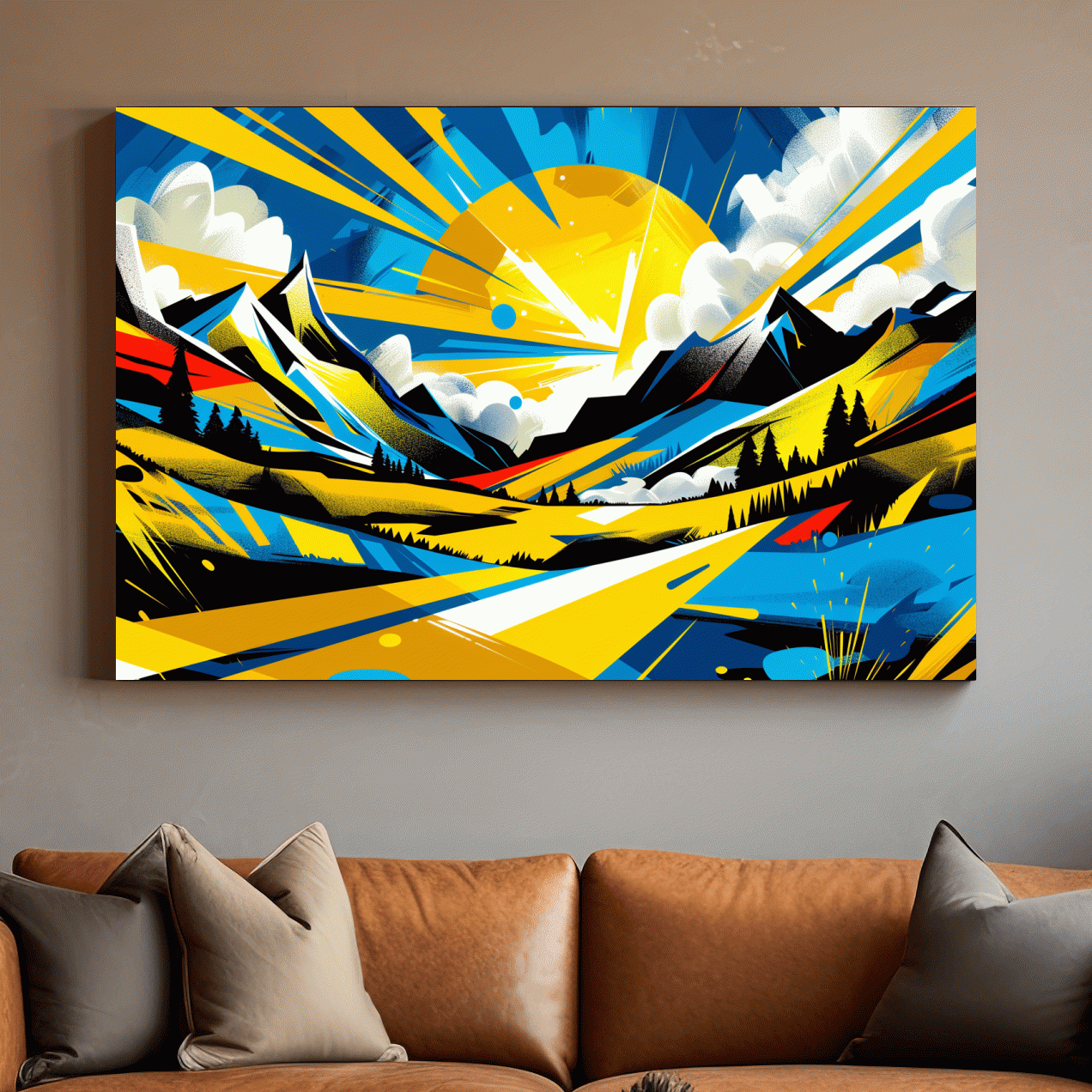 Graffiti style sunset mountain wall art, vibrant bright colorful artwork