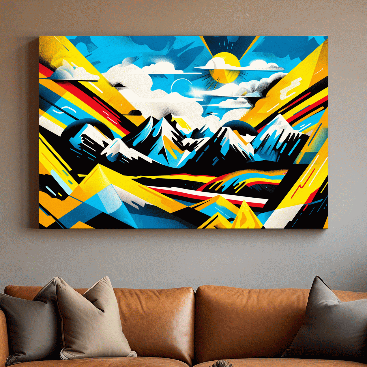 Vibrant bright colorful sunset mountain wall art, graffiti style illustration artwork