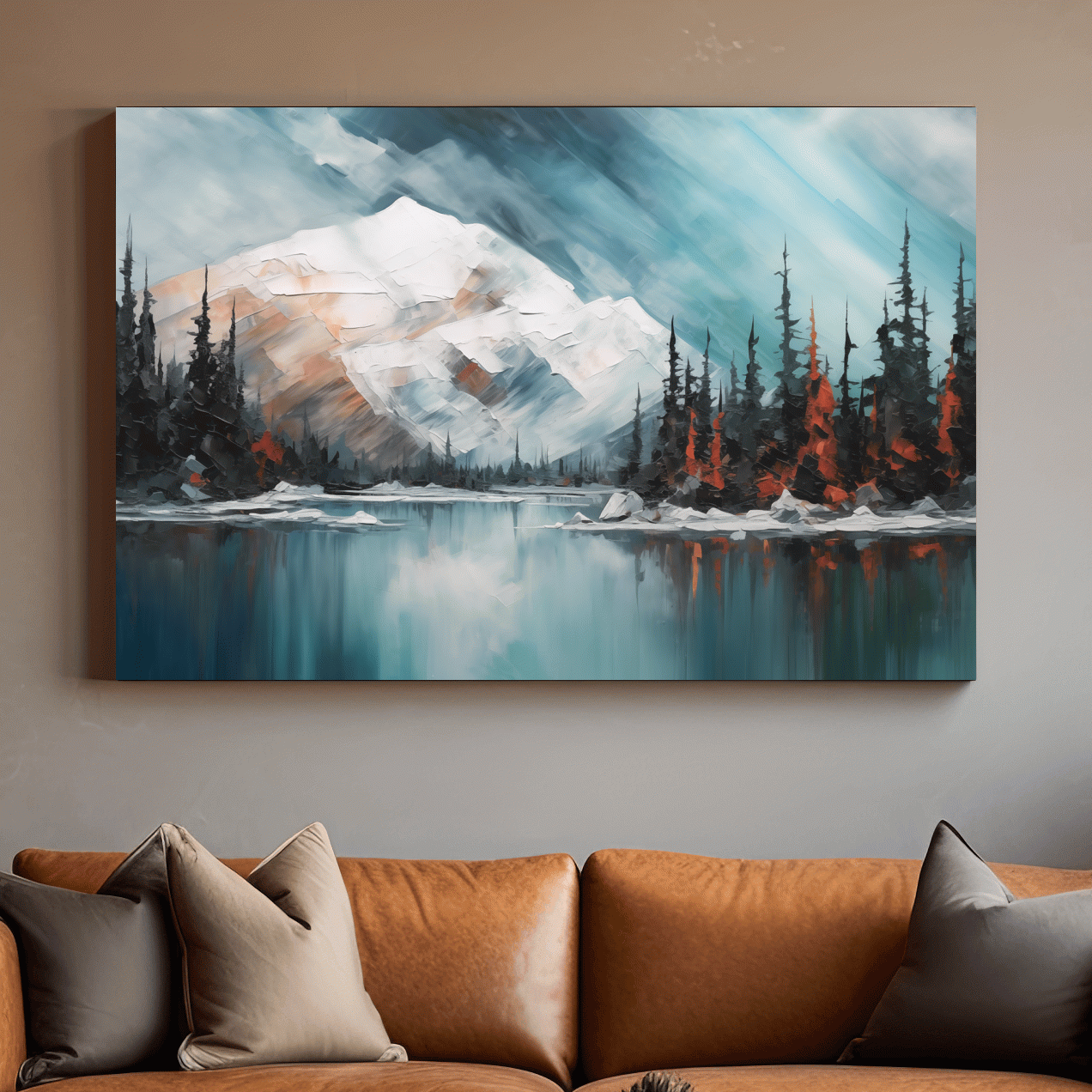Alpine Glacier Lake Impasto Style Painting - Textured Forest Wall Art